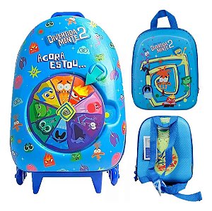 Mochila Escolar de Rodinhas Divertidamente Roleta Azul 3D Maxtoy + Lancheira