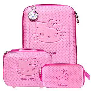 Kit Mala Escolar 03 Rodinhas Hello Kitty Poa Rosa