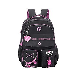 Mochila Escolar Juvenil Nylon Preta com Chaveiro Emilly Vick