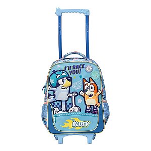 Mochila Escolar Infantil com Rodinhas Grande Azul Bluey e Bingo