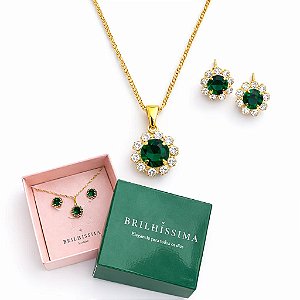 COLAR E BRINCO FLOR ZIRCÔNIA - CONJUNTO FOLHEADO OURO 1038VERDE