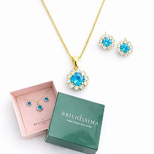 COLAR E BRINCO FLOR ZIRCÔNIA - CONJUNTO FOLHEADO OURO 1038AZUL