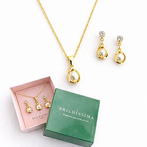 COLAR E BRINCO ESFERA PÉROLA - CONJUNTO FOLHEADO OURO 1042