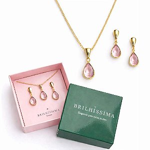COLAR E BRINCO GOTA CRISTAL - CONJUNTO FOLHEADO OURO 1041ROSE