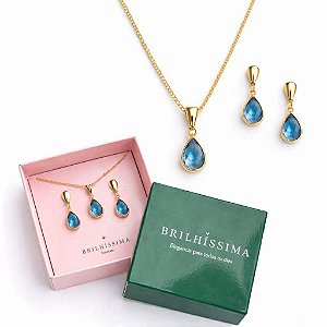 COLAR E BRINCO GOTA CRISTAL - CONJUNTO FOLHEADO OURO 1041AZUL