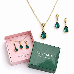 COLAR E BRINCO GOTA CRISTAL - CONJUNTO FOLHEADO OURO 1041VERDE