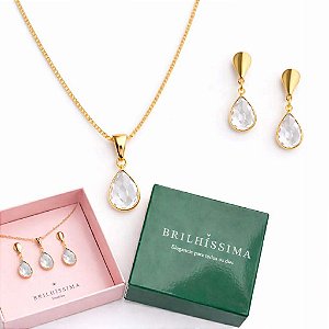 COLAR E BRINCO GOTA CRISTAL - CONJUNTO FOLHEADO OURO 1041CRISTAL