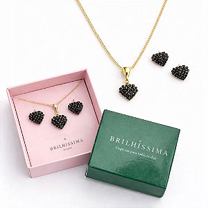 COLAR E BRINCO STRASS CORAÇÃO PRETO - CONJUNTO FOLHEADO OURO 1048PRETO