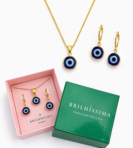 COLAR E BRINCO OLHO GREGO - CONJUNTO FOLHEADO OURO 1060OURO