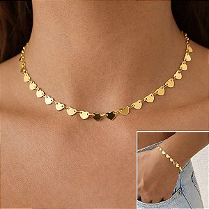 COLAR SHOKER E PULSEIRA CORAÇÃO - CONJUNTO FOLHEADO OURO 1022