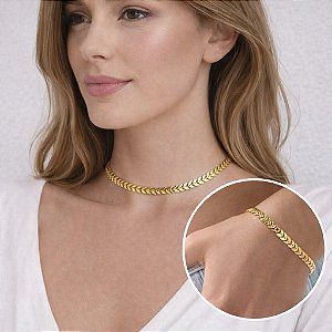 COLAR SHOKER E PULSEIRA - CONJUNTO FOLHEADO OURO 1023