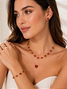 KIT COLAR CORAÇÃO VERMELHO + SHOKER + PULSEIRA + BRINCO - CONJUNTO FOLHEADO OURO 1045
