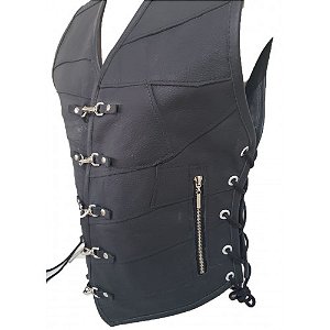 Colete Feminino de Couro Retalhado fecho Mosquetao Para Motociclista REF:19f