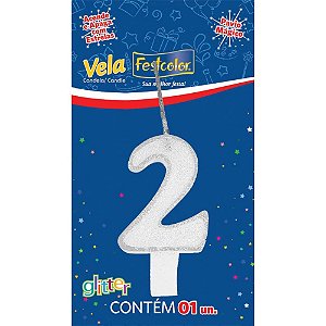 Vela para Aniversario N.02 Branca Glitter CX.C/10