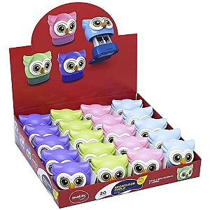 Apontador com Deposito 2 Furos Coruja Duplo 4 Cores DP.C/20