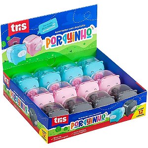 Apontador com Deposito Decor. TRIS Porquinho 3 Cores DP.C/12