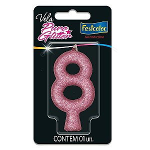Vela para Aniversario N.08 Rosa Puro Glitter CX.C/10