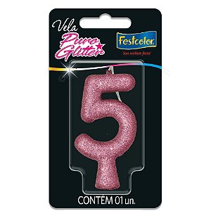 Vela para Aniversario N.05 Rosa Puro Glitter CX.C/10