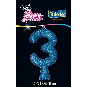 Vela para Aniversario N.03 Azul Puro Glitter CX.C/10
