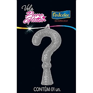 Vela para Aniversario Interrogacao Puro Gliter Prata CX.C/10