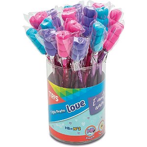 Lapis Preto Redondo Decorado TRIS Love C/BORRACHA Coracao POTE-24