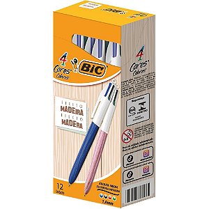 Caneta Esferografica BIC 4 Cores EST. Madeira AZ/RS CX.C/12