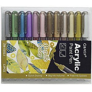 Marcador Artistico ACRYLIC BRUSH 12CORES Metalica Estojo