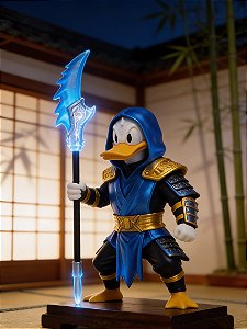Action Figure Pato Donald Ninja Colecionável com Armadura Azul Metálico e Lança