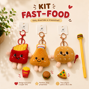 Kit Fast Food com Chaveiro de Pelúcia, Caneta e Borracha