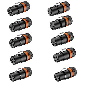 Kit 10 Conectores Roxtone LX3F XLR Fêmea Rotativa de Baixo Perfil