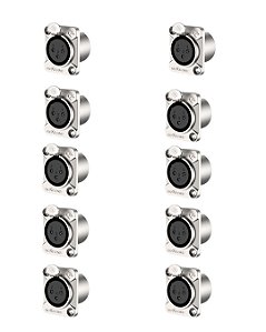 Kit Conector de Painel XLR Fêmea 3 Polos RX3FD-NT Roxtone - 10 Unidades