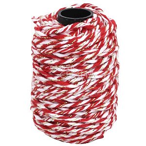 Barbante Listrado com fio ouro e Branco 25m - Vermelho Ref 8636