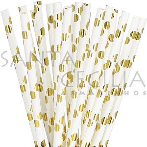 Canudo de Papel Poá Branco com Ouro - pacote com 25 un.