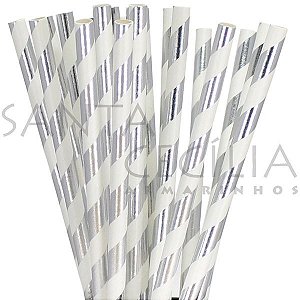 Canudo de Papel Listrado Prata - pacote com 25 un.