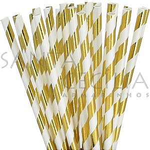 Canudo de Papel Listrado Ouro - pacote com 25 un.