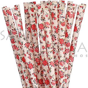 Canudo de Papel Floral Rosa - pacote com 25 un.