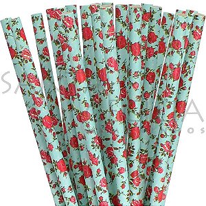 Canudo de Papel Floral Azul - pacote com 25 un.