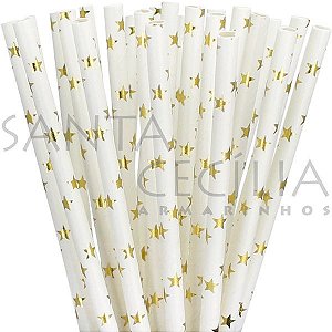 Canudo de Papel Branco c/ Estrela Ouro - pacote com 12 un.