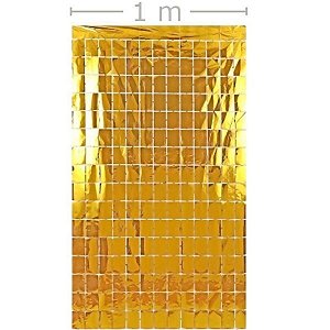 Cortina Metalizada 1x2m Quadradinhos Dourado
