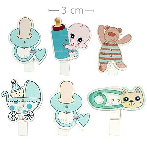 Pregador Mini 6 unid. - Carinho com Bebê e Chupeta Azul - Ref.0203