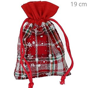 Saquinho de Tecido 14 x 19cm - 10 unidades - Xadrez Vermelho com Flocos de Neve C12-4