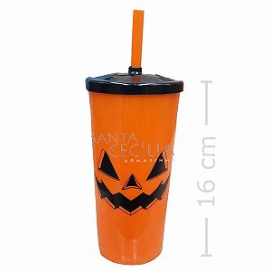 Copo Plástico Com Canudo 600ml - Abóbora Halloween