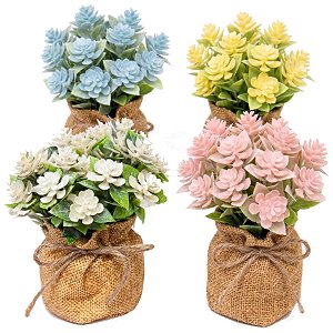 Arranjo de Flores Artificiais com Base de Isopor e Saquinho de Juta 12cm