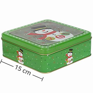 Caixa de Natal em Metal com Visor Transparente - Boneco de Neve Verde Ref. 03201-2