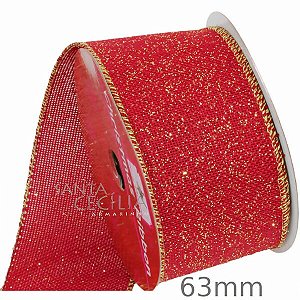 Fita Aramada de Natal 6,3cm x 9m  Tela Vermelha e Glitter Ouro - Ref. 1700000-R/G