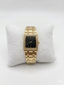 Relógio Feminino Dourado Quadrado Fundo Preto