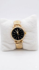 Relógio Feminino Dourado Detalhes Com Pedras Fundo Preto