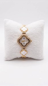 Relógio Feminino Dourado Pulseira Formato Trevo com Cristais