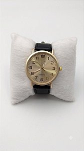 Relógio Masculino Pulseira Em Couro Maquina Dourada