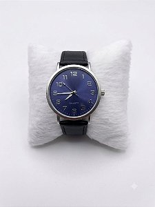Relógio Masculino Pulseira Em Couro Maquina Prata Do Fundo Azul